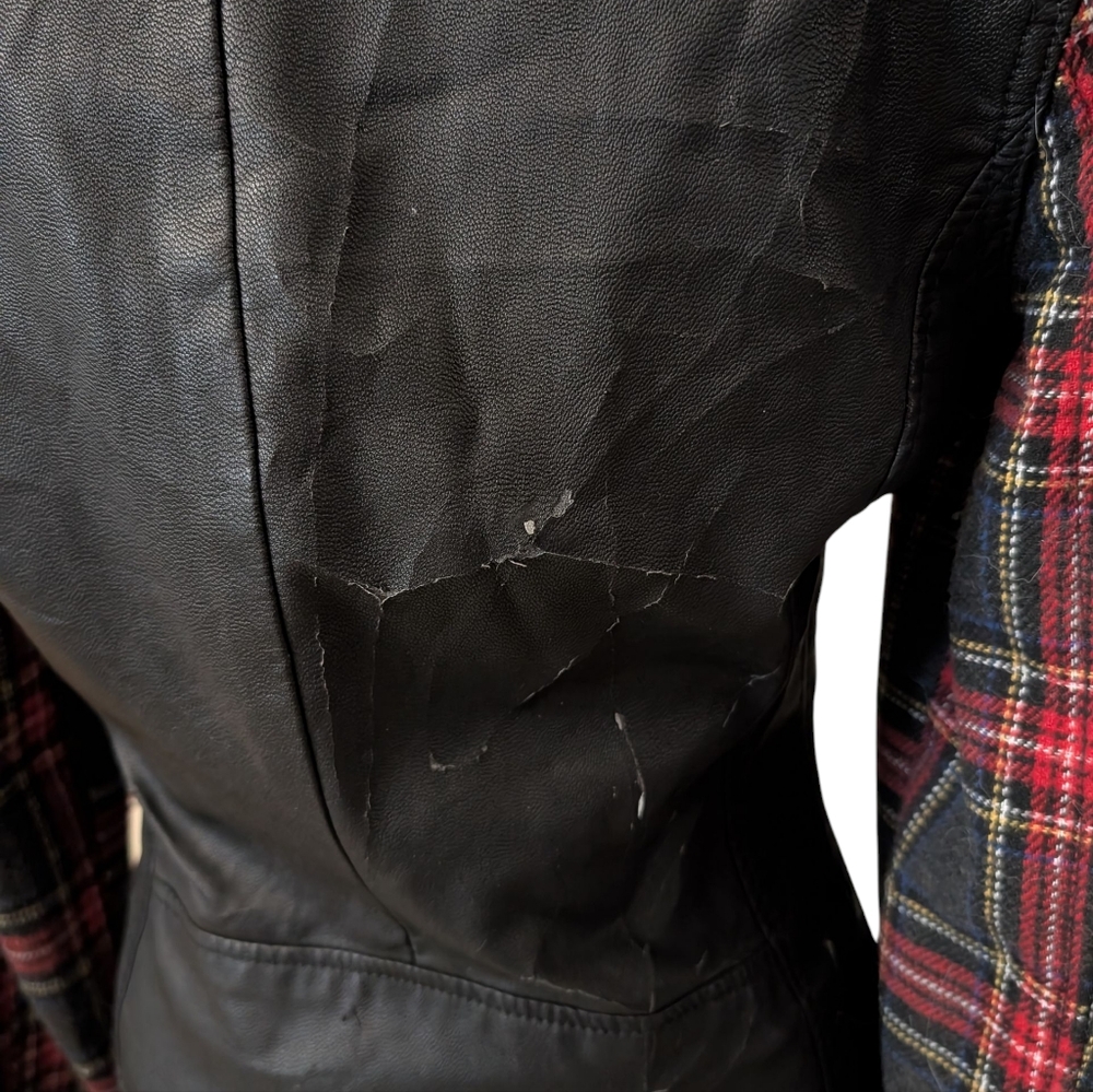 FREE! Faux Leather Jacket With Plaid Sleeves - Picture 5 of 10